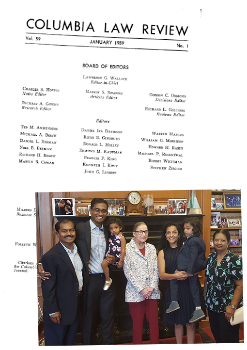 Left: The masthead of the Columbia Law Review, Vol. 59 (1959). Right: Justice Ginsburg with Arun Subramanian (Clerk, 2006/2007) and his family.