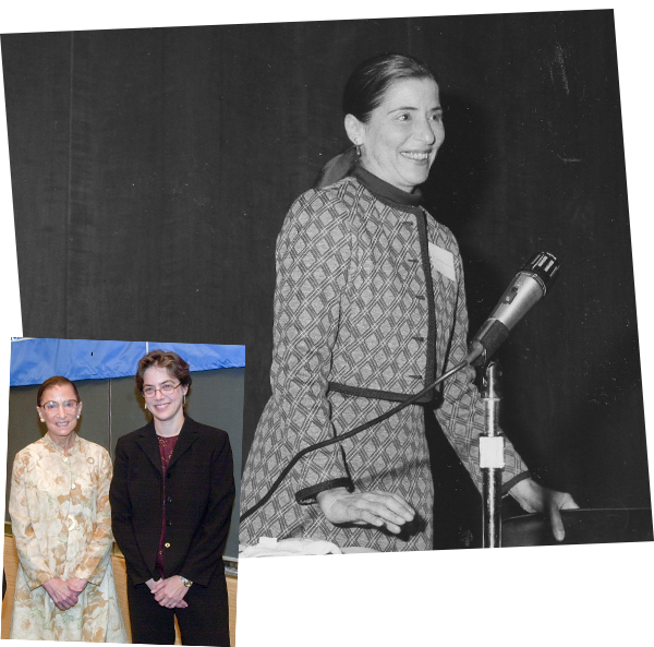 Top: 1980: Ginsburg leads a panel discussion at the Columbia Law School Women’s Association’s second annual Myra Bradwell Day, which commemorates the Illinois lawyer who was denied admission to the bar by the Illinois Supreme Court in 1870 because of her gender. Bradwell was eventually admitted to the Illinois bar in 1890 and to the U.S. Supreme Court Bar in 1892. Courtesy Columbia Law School. Bottom: Justice Ginsburg with Professor Gillian Metzger (Clerk, 1997/1998).