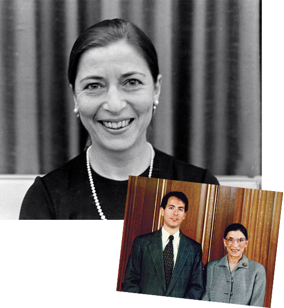 Top: 1972: Ginsburg at Columbia. Courtesy Columbia Law School. Bottom: Justice Ginsburg with Professor David M. Schizer (Clerk, 1994/1995).