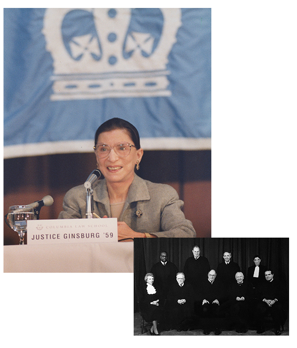 Top: 1993: Ruth Bader Ginsburg Day at Columbia Law School on November 19 is a celebration of the newly appointed Supreme Court Justice. Courtesy Columbia Law School. Bottom: 1993: Group photo of the nine Justices for the 1993/1994 Term.