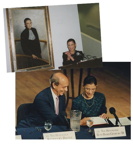 Top: 2001: Justice Ginsburg delights at the unveiling of her official Columbia Law School portrait, painted by Constance P. Beaty. Courtesy Columbia Law School. Bottom: 2001: Justice Ginsburg and her Supreme Court colleague Justice Stephen G. Breyer participate in a panel, “The Great Law School: Changing the Law Through Legal Education and Scholarship,” at Columbia Law School. Courtesy Columbia Law School