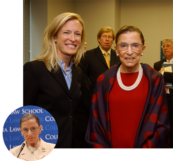 Top: Justice Ginsburg with Professor Amanda L. Tyler (Clerk, 2000/2001). Bottom: 2009: Justice Ginsburg attends her 50th reunion at Columbia Law School. Courtesy Columbia Law School.